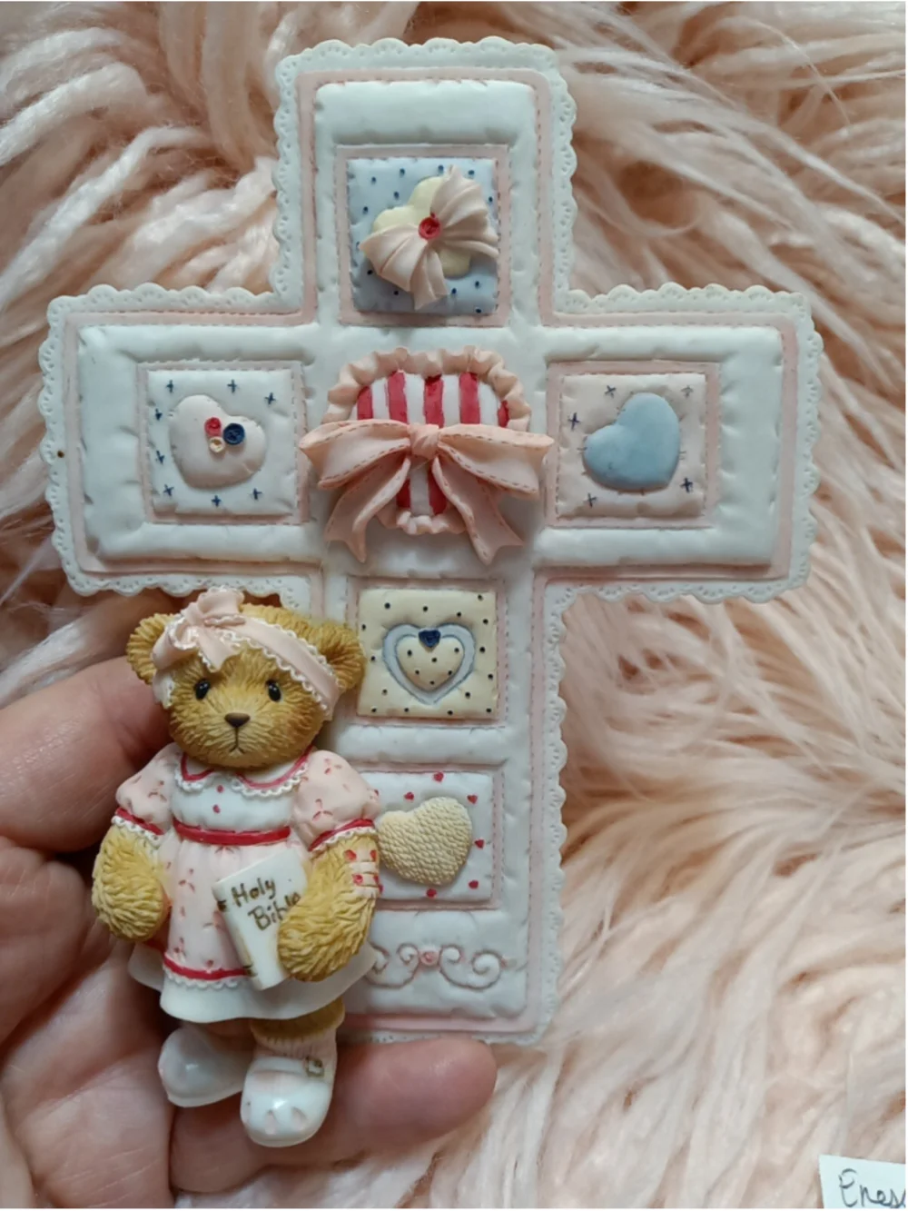 Cherished Teddies Girl's First Communion Cross Holy Bible Hanging Figurine 2003